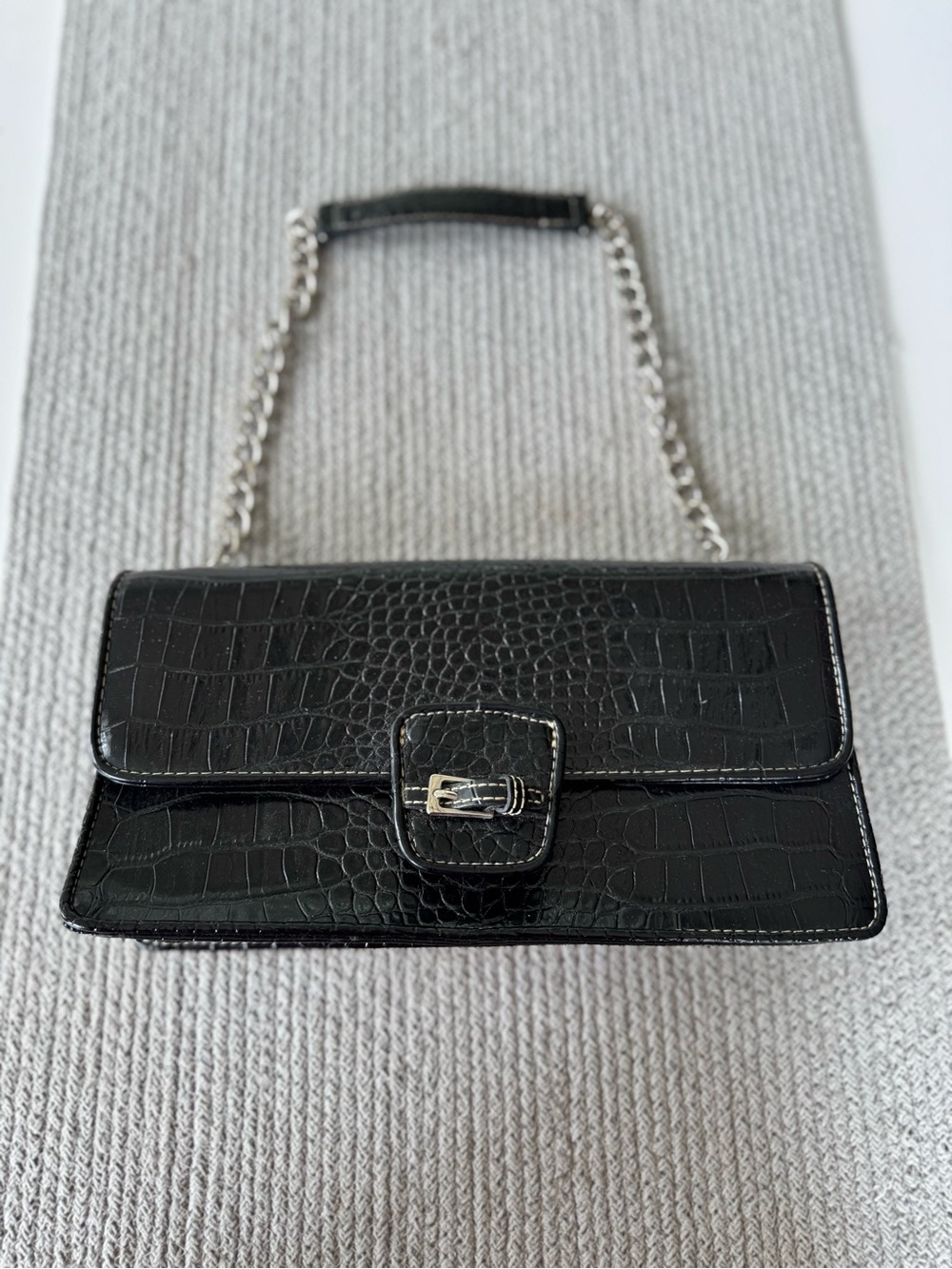 Vintage Y2K Liz Claiborne Black Silver Croc Embossed Shoulder Bag Purse
